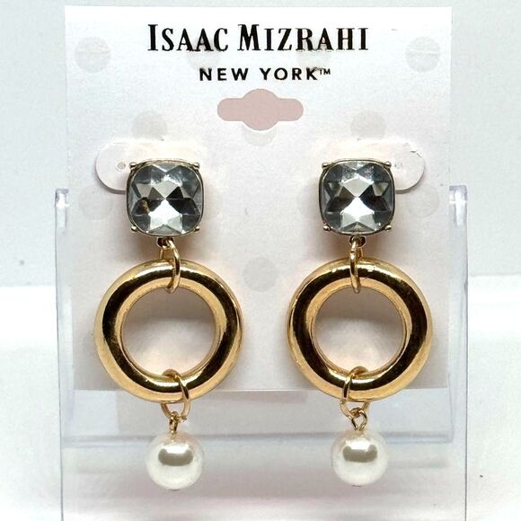 ISAAC MIZRAHI Gold Tone Crystal & Faux Pearl Dangling Post  Earrings - Picture 2 of 11